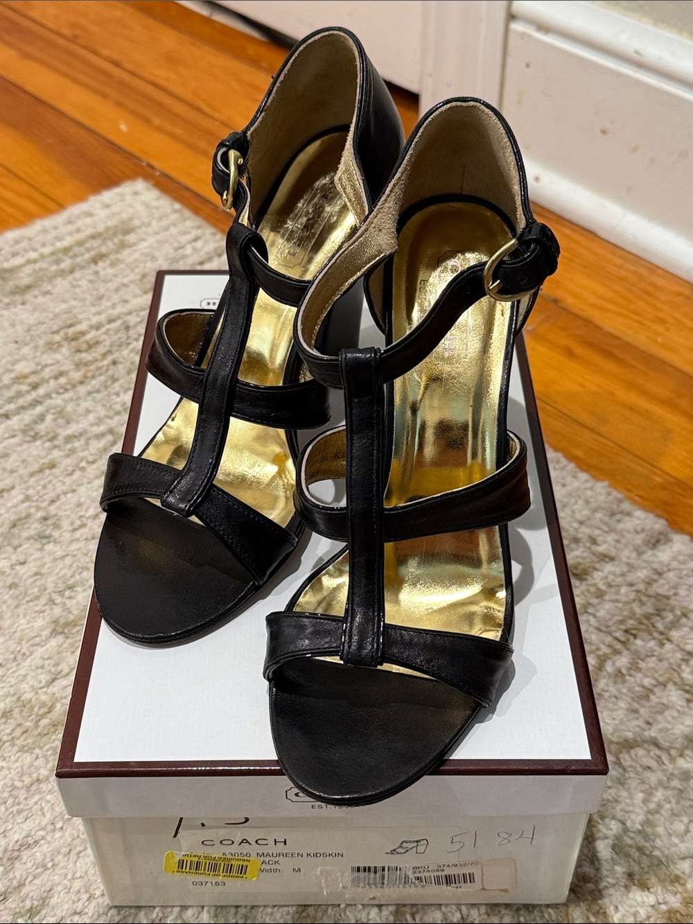 Coach Black Leather T-Strap Heels with Gold Insole Accent
